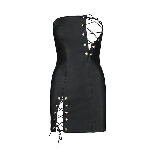 Мінісукня з екошкіри Passion CELINE CHEMISE XXL/XXXL, black, шнурівка, трусики в комплекті SO6408 фото