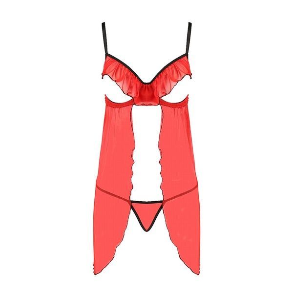 Прозорий пеньюар з відкритими грудьми CHERRY CHEMISE red S/M - Passion Exclusive, трусики PS25502 фото