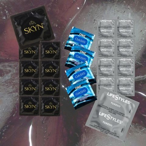 Набір ONE Oasis 4,5 г &ndash; 5 шт., Skyn Non Latex Original &ndash; 9 шт., LifeStyles Tuxedo Black &ndash; 9 шт. MM1833 фото