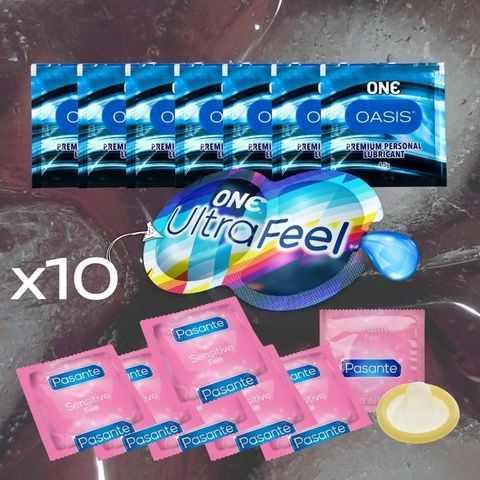 Набір ONE Ultra Feel з додатковим пакетиком змазки, 10 шт., Pasante Sensitive Feel ультоатнкі, 7 шт., ONE Oasis 3 г &mdash; 7 шт. MM27481 фото