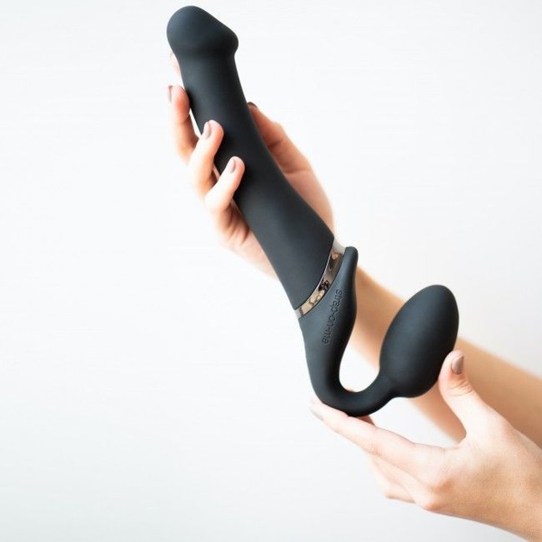 Безремінний страпон з вібрацією Strap-On-Me Vibrating Black M, діаметр 3,3см, пульт ДК, регульований SO3354 фото