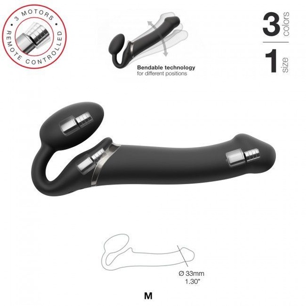 Безремінний страпон з вібрацією Strap-On-Me Vibrating Black M, діаметр 3,3см, пульт ДК, регульований SO3354 фото