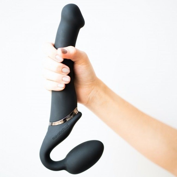 Безремінний страпон з вібрацією Strap-On-Me Vibrating Black M, діаметр 3,3см, пульт ДК, регульований SO3354 фото