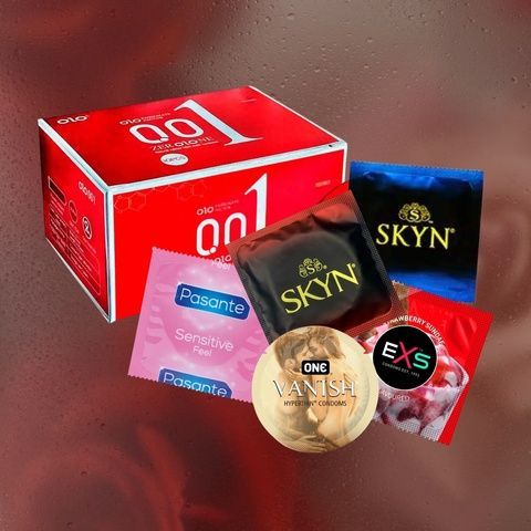 Набір: Skyn Intense feel безлатексні, ребриті, 3 шт.; EXS Strawberry Flavoured ароматизовані, Strawberry 3 шт.; Skyn Extra Lubricated безлатексні, більше лубриканта 3 шт.; Pasante Ultra Sensitive Touch тонкі, більше змазки 3 шт.; MM27016 фото