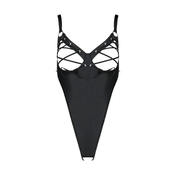Боді з екошкіри Passion CELINE BODY 4XL/5XL black, з доступом, відкритий SO7059 фото