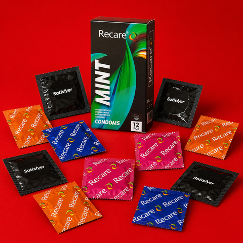 Набір Color Sensation 52 шт &mdash; 514 грн: Satisfyer Premium 60 мм XL &mdash; 1 шт; Recare Fruit Flavour 12 шт &mdash; 1 уп.; Recare Classic 12 шт &mdash; 1 уп.; Holographic Recare Cola Dotted&Ribbed 12 шт &mdash; 1 уп.; Holographic Recare Ultra Thin Mint 12 шт &mdash; 1 уп.; Recare Delay MM27284 фото
