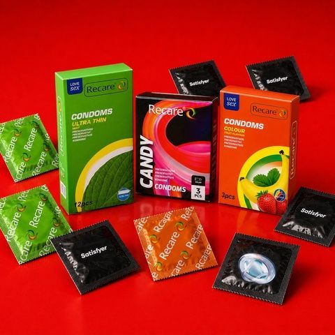 Набір Extra Pleasure 45 шт &mdash; 560 грн: Satisfyer Premium 64 мм XXL &mdash; 6 шт; Recare Delay Candy 12 шт &mdash; 1 уп.; Recare Ultra Thin Mint 12 шт &mdash; 1 уп.; Holographic Recare Ice Cream Big Dotted 12 шт &mdash; 1 уп.; Holographic Recare Fruit Flavour 3 шт &mdash; 1 уп. MM27285 фото
