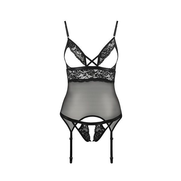Корсет з відкритими грудьми Passion DIABOLINA CORSET L/XL, black, пажі, трусики, напівпрозорий PS25804 фото