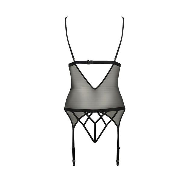 Корсет з відкритими грудьми Passion DIABOLINA CORSET L/XL, black, пажі, трусики, напівпрозорий PS25804 фото