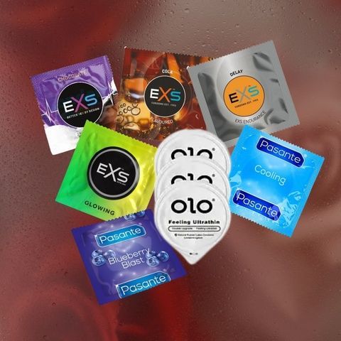 Набір Edition: EXS Chocolate Flavoured - 6 шт, EXS Cola Flavoured - 15 шт, EXS Delay - 3 шт, EXS Glowing - 1 шт, OLO Black Feeling Ultrathin 1 уп., Pasante Cooling - 20 шт, Pasante Taste Blueberry - 10 шт MM2364 фото