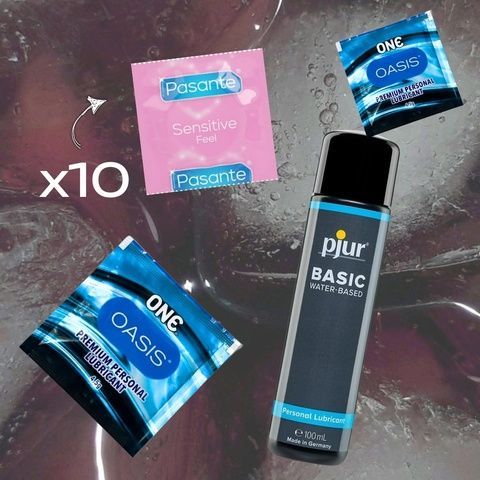Набір Pasante Sensitive Feel 10 шт., pjur Basic waterbased 100 мл, ONE Oasis 4,5 г 2 шт. MM1766 фото