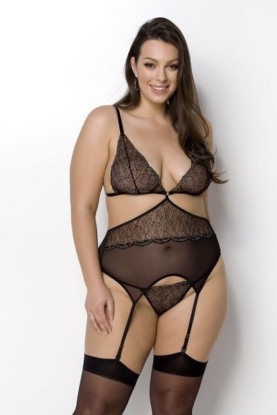 Корсет із пажами Passion AMBERLY CORSET 6XL/7XL, black, асиметричний крій, мережива, стрінги SO7052 фото