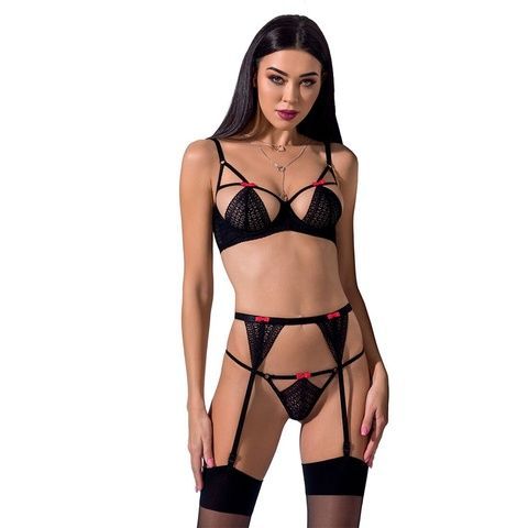 Комплект білизни PERDITA SET black L/XL - Passion Exclusive: стрепи: ліф, стрінги і пояс для панчох PS26504 фото