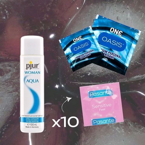 Комплект Pasante Sensitive Feel ультратонкі 10 шт + pjur Woman Aqua 100 мл + лубрикант ONE Oasis 3 г, 2 шт MM27488 фото