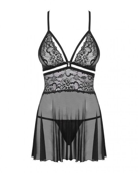 Еротичний мереживний комплект із сіточкою Obsessive 838-BAB-1 babydoll & thong black L/XL, чорний, п SO7182 фото
