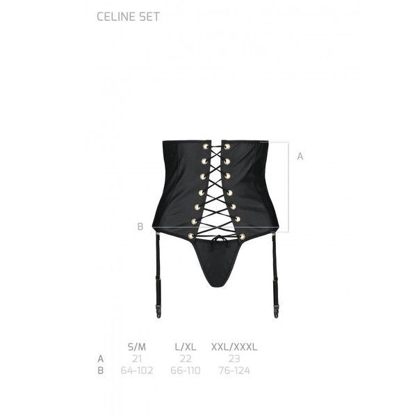 Пояс-корсет з екошкіри Passion CELINE SET L/XL, black, шнурівка, знімні пажі для панчіх, стрінги SO6409 фото
