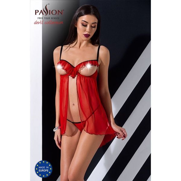 Прозорий пеньюар з відкритими грудьми CHERRY CHEMISE red XXL/XXXL - Passion Exclusive, трусики PS25503 фото