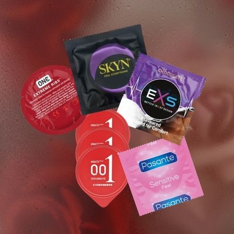 Комплект: EXS Strawberry Flavoured ароматизовані полуниця 7 шт.; Pasante Taste Strawberry ароматизовані полуниця 7 шт.; OLO Feeling Ultrathin з гіауроновою змазкою класині 4 шт. MM26524 фото