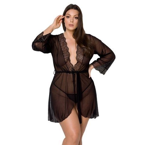 Пеньюар Passion AMBERLY PEIGNOIR 6XL/7XL, black, ажурні декольте та манжети, широкі рукави SO7054 фото