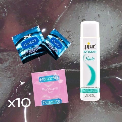 Набір Pasante Sensitive Feel 10 шт., pjur Woman Nude 100 мл, ONE Oasis 4,5 г 2 шт. MM1769 фото