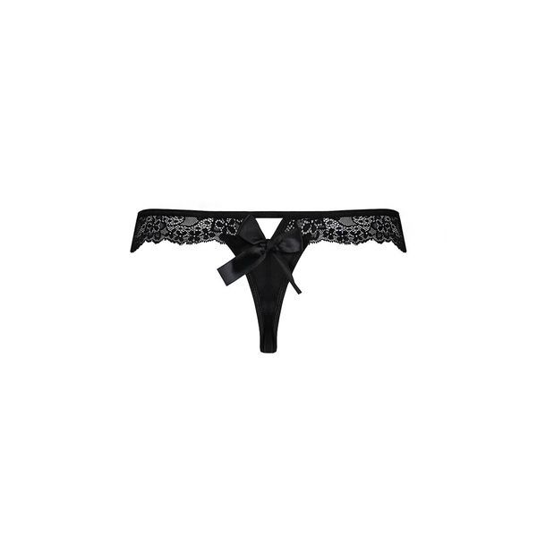 Мереживні трусики-танга з атласним бантиком Passion NAJA THONG XXL/XXXL, black SO5366 фото