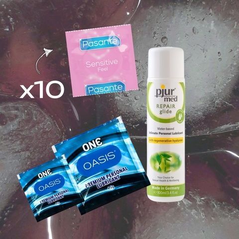 Набір Pasante Sensitive Feel 10 шт., pjur MED Repair glide 100 мл, ONE Oasis 4,5 г 2 шт. MM1770 фото