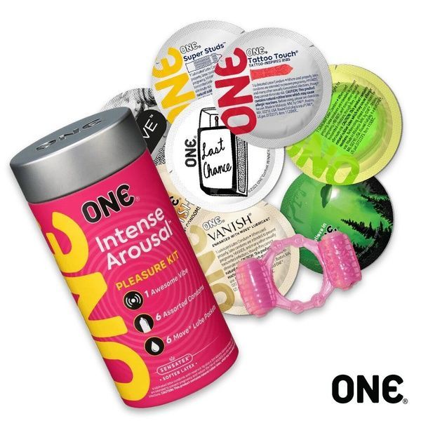 Подарунковий набір ONE Intense Arousal, у комплекті 6 презервативів, 6 саше з лубрикантом, віброкільце SX0798 фото