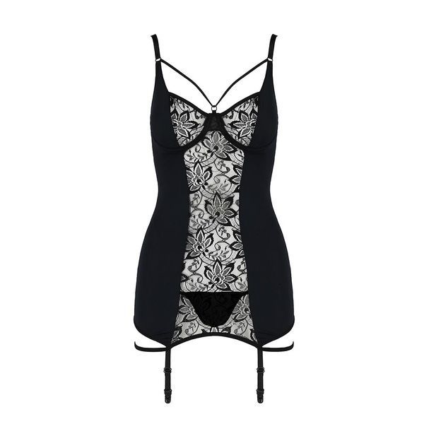 Сорочка приталена з пажами PAULINE CHEMISE black L/XL Passion, трусики EL15801 фото