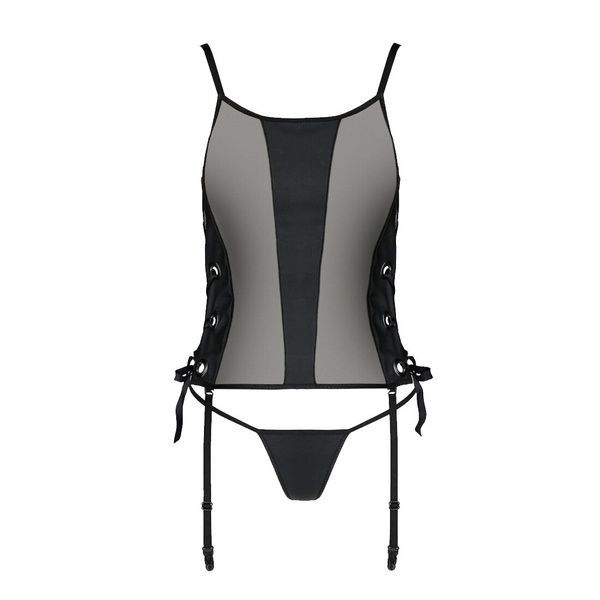 Сітчастий корсет з екошкіри Passion MALWIA CORSET 6XL/7XL black, з люверсами та знімними пажами SO7099 фото