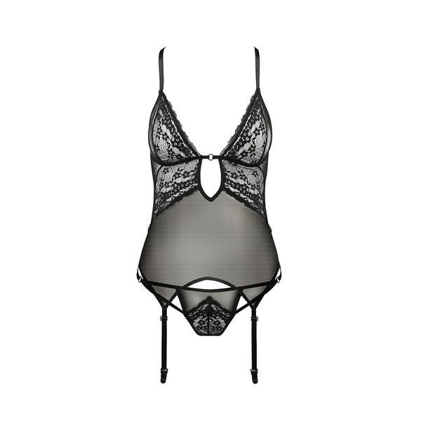 Корсет з декольте Passion ERZA CORSET L/XL, black, пажі, трусики, напівпрозорий PS26007 фото