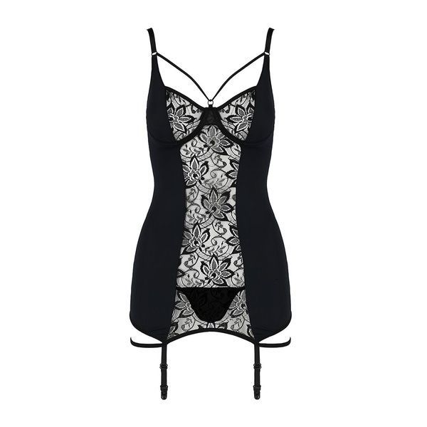Сорочка приталена з пажами PAULINE CHEMISE black S/M - Passion, трусики EL15802 фото