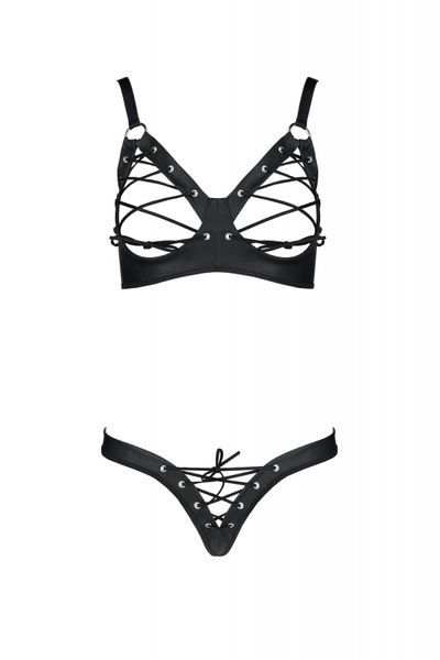 Комплект з екошкіри Passion CELINE BIKINI 4XL/5XL black, відкритий бра, стрінги зі шнурівкою SO7057 фото