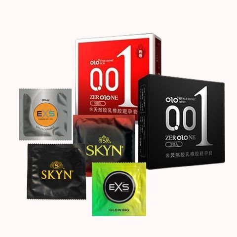 Набір: OLO, EXS та Skyn &mdash; тонкість, ефекти й безлатексні (28 шт) OLO Red збуджуючі з розігріваючим ефектом, 10 шт., OLO Black Feeling Ultrathin з гіауроновою змазкою, 10 шт. EXS Delay пролонгуючі, 2 шт., EXS Warming розігріваючі, ребристі 2 шт. MM26898 фото