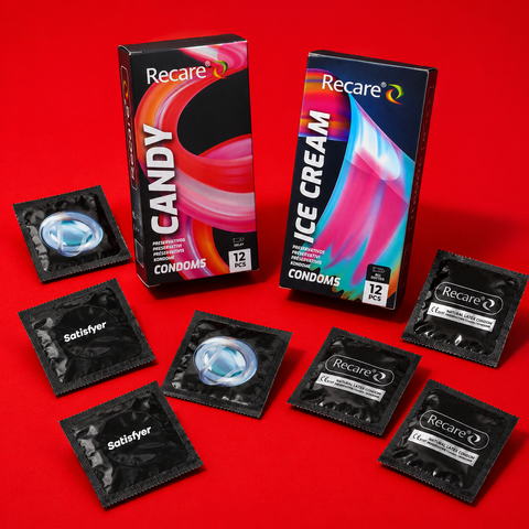 Набір Intense Night 68 шт &mdash; 731 грн: Satisfyer Premium 53 мм M &mdash; 2 шт; Recare Delay Candy 12 шт &mdash; 1 уп.; Holographic Recare Delay Candy 12 шт &mdash; 1 уп.; Recare Fruit Flavour 12 шт &mdash; 1 уп.; Recare Classic 12 шт &mdash; 1 уп.; Holographic Recare Ice Cream Big Dotte MM27290 фото