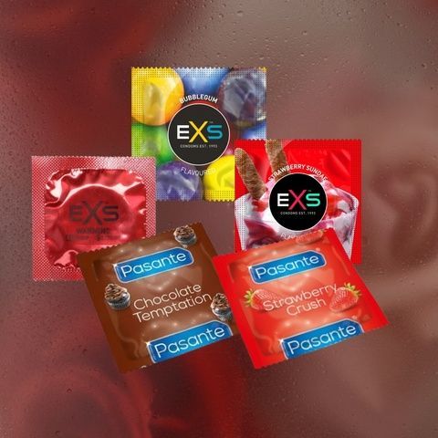 Taste the Rainbow: EXS Bubblegum Flavoured - 13 шт, EXS Strawberry Flavoured - 11 шт, EXS Warming - 8 шт, Pasante Taste Chocolate - 15 шт, Pasante Taste Strawberry - 18 шт MM2321 фото