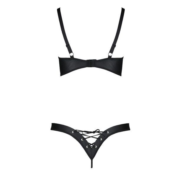 Комплект з екошкіри Passion CELINE BIKINI 4XL/5XL black, відкритий бра, стрінги зі шнурівкою SO7057 фото