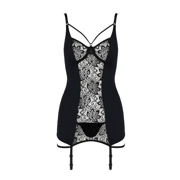 Сорочка приталена з пажами PAULINE CHEMISE black XXL/XXXL - Passion, трусики EL15803 фото