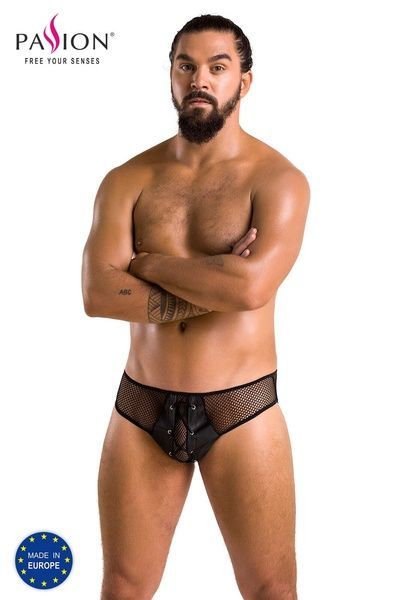 Чоловічі труси зі шнурівкою Passion 035 SLIP RICHARD S/M Black, екошкіра, сітка SO7577 фото