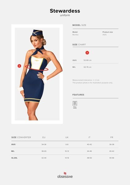 Еротичний костюм стюардеси Obsessive Stewardess uniform M/L, blue, сукня, пілотка, шарф, манжети SO7730 фото