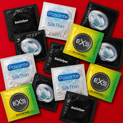 Набір 20 шт Sensitive Touch Mix: EXS Glowing &mdash; 3 шт; EXS Snug Fit &mdash; 4 шт; Pasante Silk Thin &mdash; надтонкі &mdash; 5 шт; Pasante Sensitive Feel &mdash; 5 шт; Satisfyer Premium Condoms 49 мм S &mdash; 3 шт. MM27341 фото