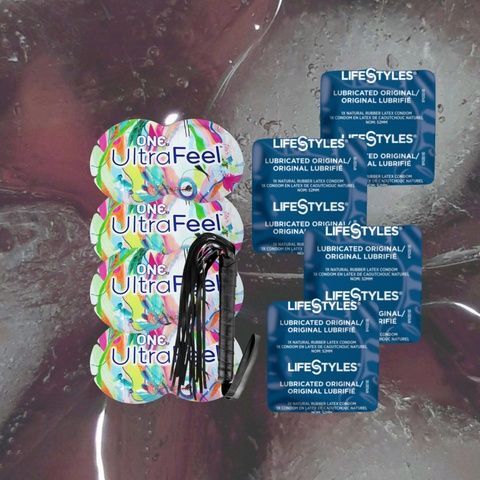 Набір "ONE Ultra Feel (4 шт.), LifeStyles Ultra Lubricated (4 шт.) та Флогер Fetish Tentation Martinet Whip" MM1354 фото