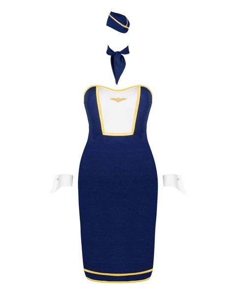 Еротичний костюм стюардеси Obsessive Stewardess uniform M/L, blue, сукня, пілотка, шарф, манжети SO7730 фото