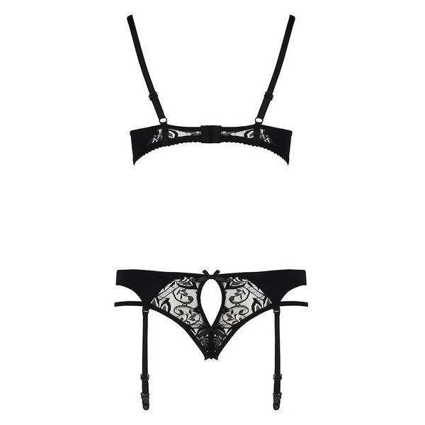 Комплект білизни Passion PAULINE SET L/XL, black, стрепи, ліф, стрінги і пояс для панчох EL15804 фото