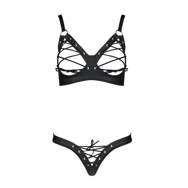 Комплект з екошкіри Passion CELINE BIKINI 6XL/7XL black, відкритий бра, стрінги зі шнурівкою SO7058 фото