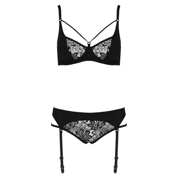 Комплект білизни Passion PAULINE SET L/XL, black, стрепи, ліф, стрінги і пояс для панчох EL15804 фото