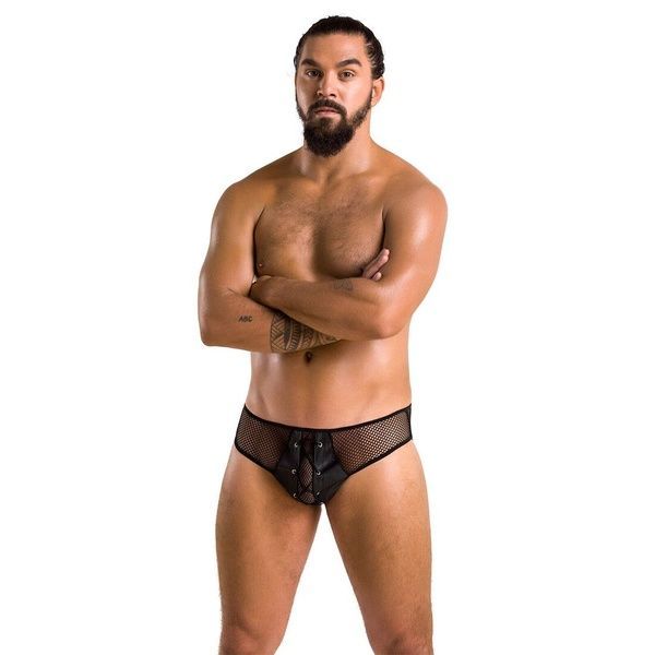 Чоловічі труси зі шнурівкою Passion 035 SLIP RICHARD S/M Black, екошкіра, сітка SO7577 фото