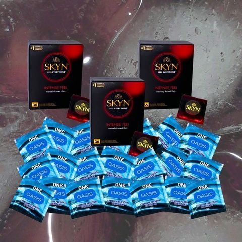 Skyn Intense Feel безатексні ребристі, уп. 36 шт &ndash; 3 шт., ONE Oasis лубрикант на водній основі 4,5 г &ndash; 21 шт MM2620 фото