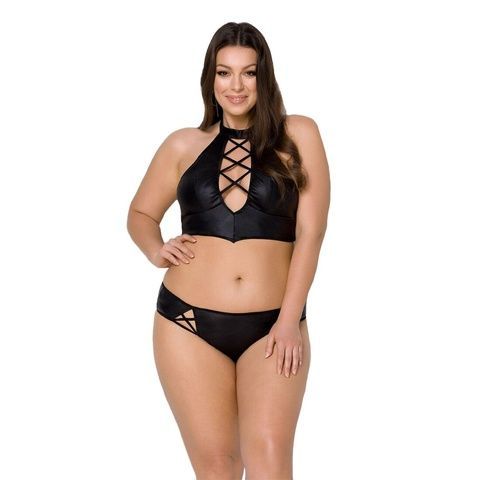 Комплект з екошкіри Passion NANCY BIKINI 4XL/5XL black, бра та трусики з імітацією шнурівки SO7102 фото