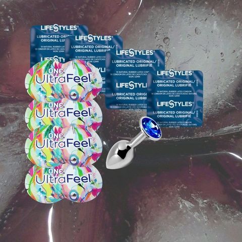 Набір "ONE Ultra Feel (4 шт.), LifeStyles Ultra Lubricated (4 шт.) та Alive Mini Metal Butt Plug Blue S" MM1355 фото