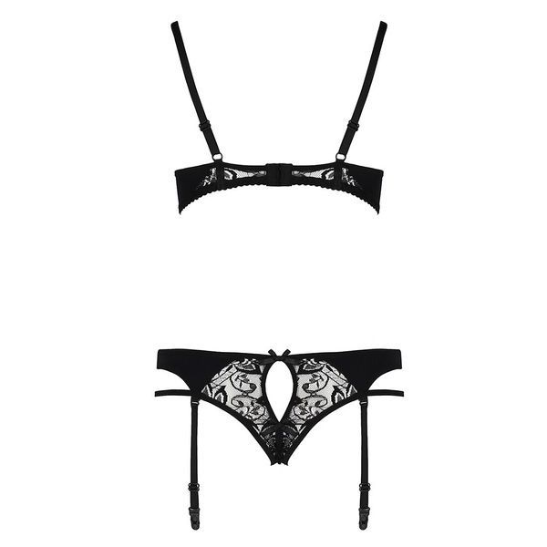 Комплект білизни Passion PAULINE SET S/M, black, стрепи, ліф, стрінги і пояс для панчох EL15805 фото